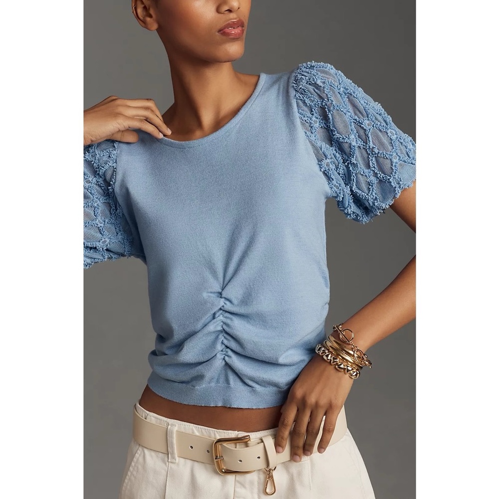 Anthropologie Ruched Short Puff Sleeve‎ Sleeve Sweater Knit Top in Light Blue